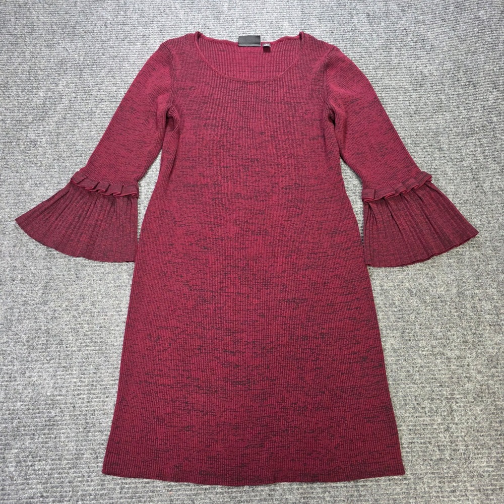 Nina Leonard Ribbed Sweater Dress Womens Size L Burgundy Marl Bell Sleeve Ruffle